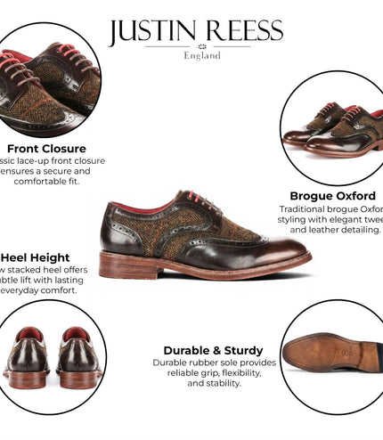 Justin Reess Men's Brown Leather Tweed Brogue Shoes - Arlo