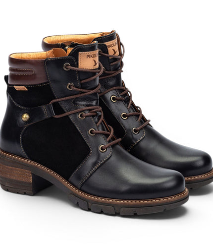 Pikolinos Women’s Black Leather Zip & Lace Up Heel Ankle Boots - San Sebastia