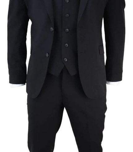 Mens 3 Piece Plain Black Classic Retro Tailored Suit