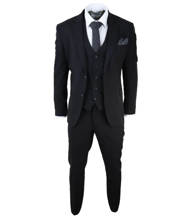 Mens 3 Piece Plain Black Classic Retro Tailored Suit