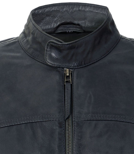 Men's Classic Fitted Leather Biker Jacket-Austin - Grey