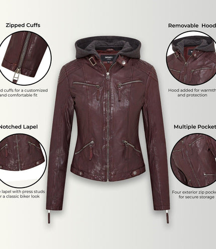 Womens Hooded Classic Biker Jacket - Brazzaville - Burgundy