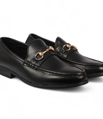 Men's Black Loafers with Gold Buckle Smart Slip-On Shoes