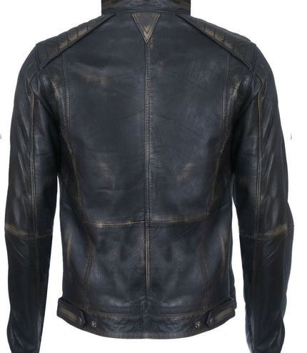 Men's Vintage Leather Biker Jacket-Cape Town - Black