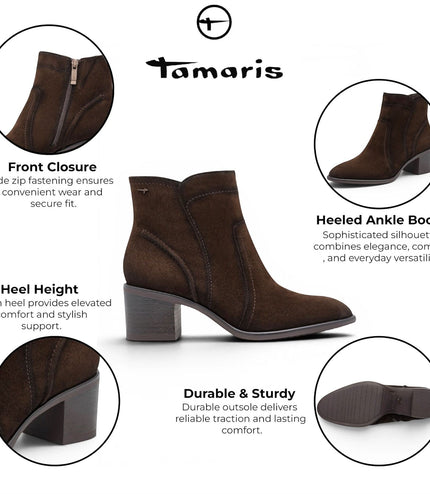Tamaris Women's Mocca Brown Suede Leather Heeled Ankle Boots - 25313-47