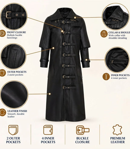 Mens Black Leather Full Length Buckle Gothic Long Trench Coat - Captain