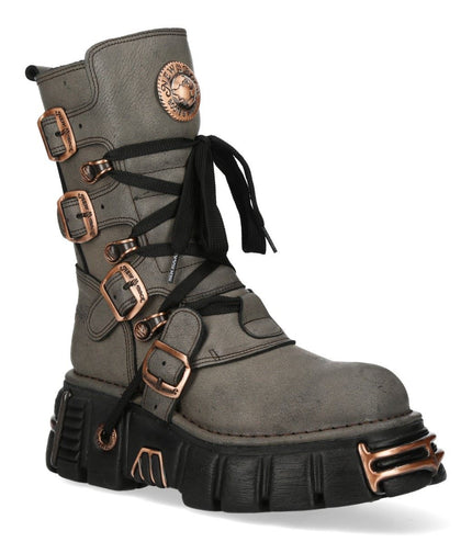 New Rock Grey Brown Leather Gothic Mid-Calf Biker Boots - M-373XL-C119