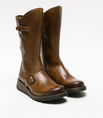 Fly London Womens Camel Mes 2 Wedge Heel Buckle Mid-Calf Leather Zip Platform Boots