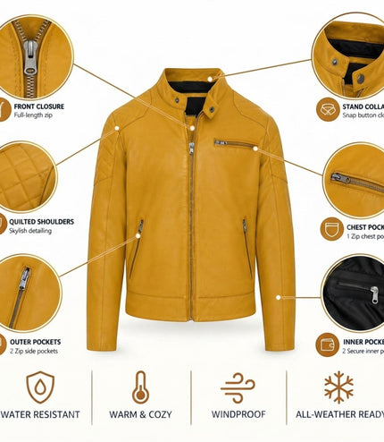 Mens Yellow Leather Quilted Shoulder Biker Jacket - Rock