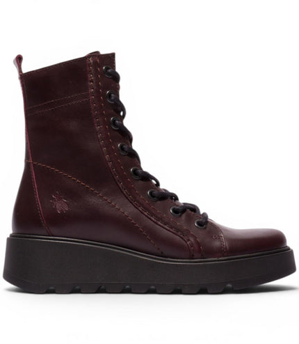 Fly London Womens Wine Leather Lace-Up Wedge Heel Combat Boots - TERY554