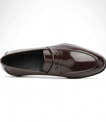 Mens Brown Patent Faux Leather Formal Penny Loafers
