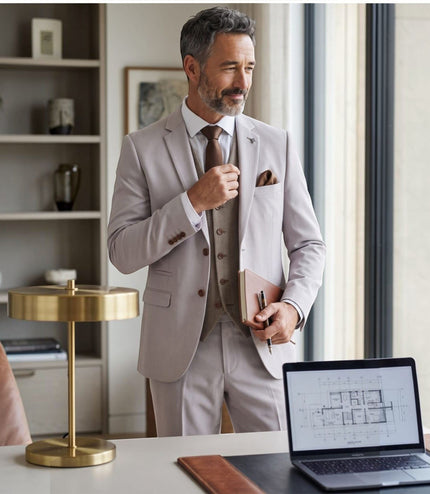 Mens Stone Suit with Harris Brown Tweed Waistcoat Wedding Suit - Mayfair