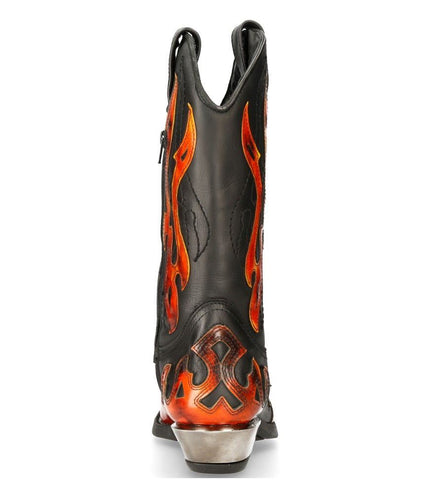 New Rock Flame Accented Black/Red Mid-Calf Cowboy Boots -7921-S2