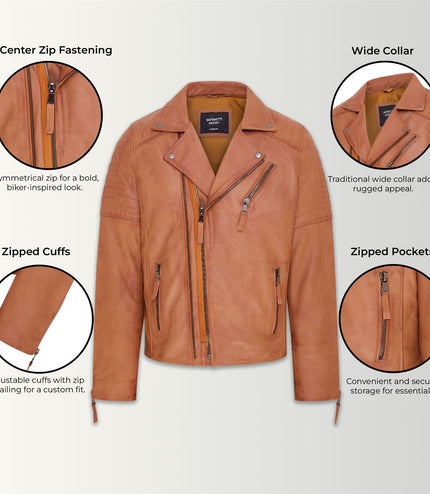 Mens Slim Fit Brando Style Double Cross Zip 100% Leather Biker Jacket - Tan