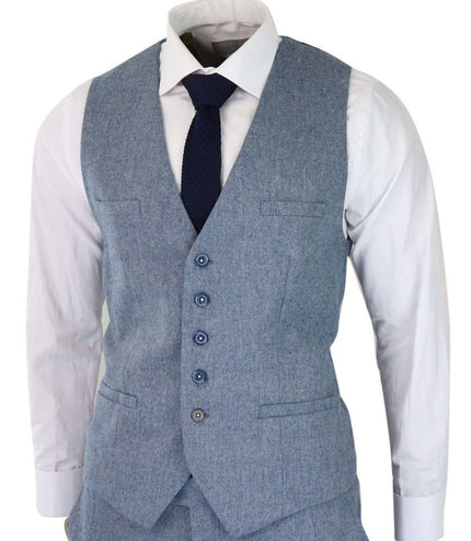 Mens 3 Piece Light Blue Tweed Tailored Fit Retro Classic Suit