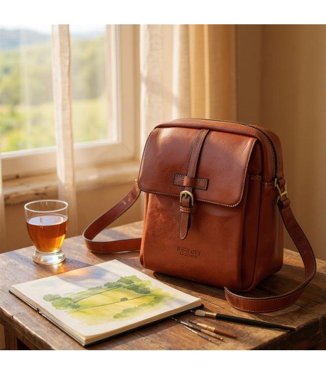 Genuine Leather Tan Vintage Crossbody Messenger Travel Bag - Ashby