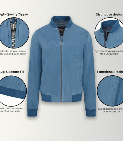 Mens Soft Goat Suede MA-1 Varsity Bomber Jacket  - Dalian - Blue