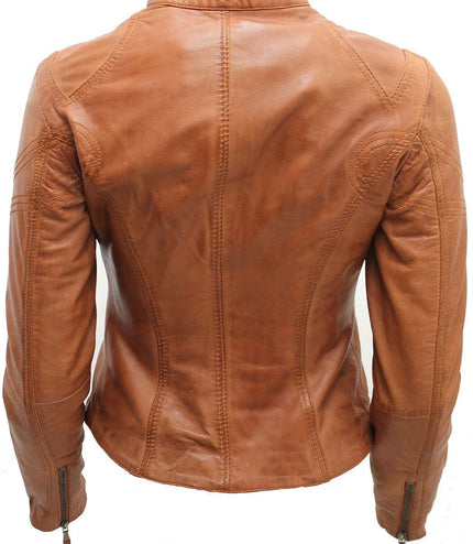 Womens Slim-Fit Leather Biker Jacket-Maldon - Brown