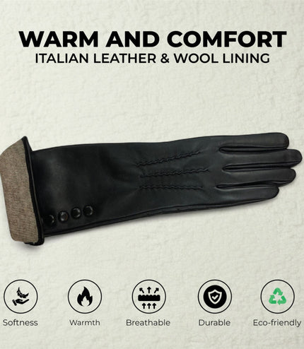 Womens Long Black Italian Leather Winter Button Design Soft Wool Lining Gloves - L-GLV-201