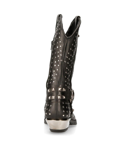 New Rock Black Leather Studded Cowboy Boots- M-7928-S1