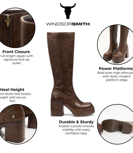 Windsorsmith Womens Oak Brown Faux Leather Knee-High Platform Heel Boots - Niche