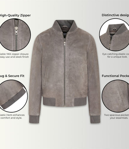Mens Soft Goat Suede MA-1 Varsity Bomber Jacket  - Dalian - Grey