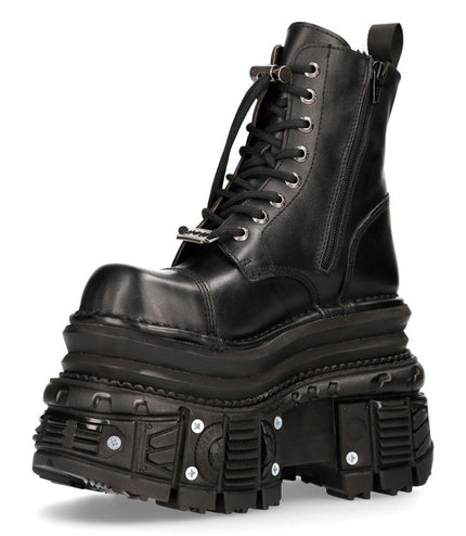 New Rock Metallic Black Leather Military Boots - M-MILI083CCT