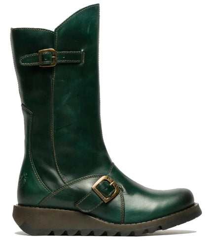 Fly London Womens Green Mes 2 Wedge Heel Buckle Mid-Calf Leather Zip Platform Boots