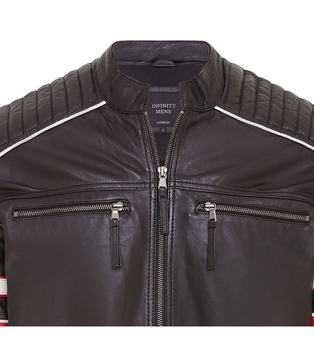 Mens Quilted Biker Leather Jacket Racing Jacket - Black