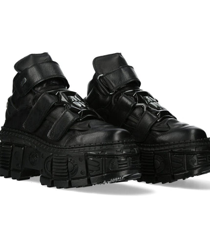 New Rock Metallic Ankle Black Leather Boots-WALL285-S2