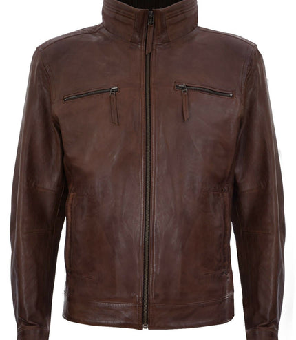 Mens Classic Leather Biker Jacket-Caracas - Brown