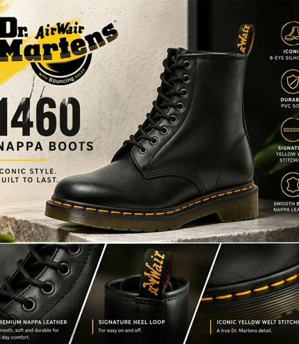 Dr Martens 1460 Black Nappa Leather 8-Eye Combat Boots - 11822002