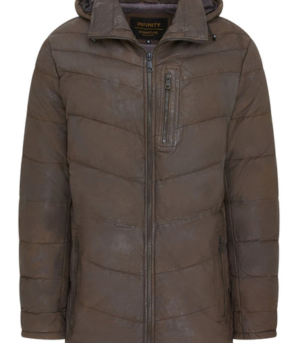 Men's Brown Leather Quilted Jacket Hooded Puffer Winter Coat - Olyic