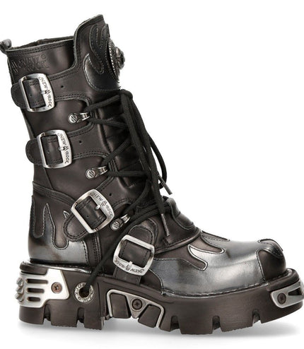 New Rock 591-S2 Flame Accented Black and Silver Leather Boots side profile