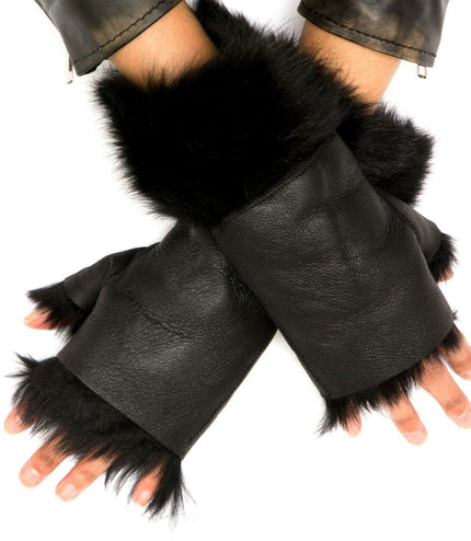 Womens Shearling  Mittens Fingerless Cuffs Toscana Suede Sheepskin Fur - Nappa Black