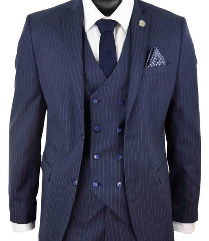 Men's 3 Piece Navy Blue Pinstripe Retro Suit