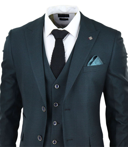 Mens Olive Green 3 Piece Check Tailored Fit Suit
