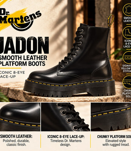 Dr Martens Jadon Black Smooth Leather Platform Boots - 15265001