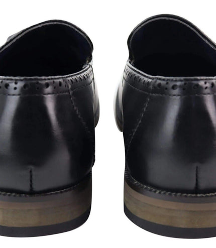 Mens Tasselled Black Leather Tweed Brogue Slip On Loafers