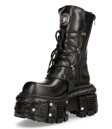New Rock Unisex Black Leather Combat Platform Boots - TANK373-S1