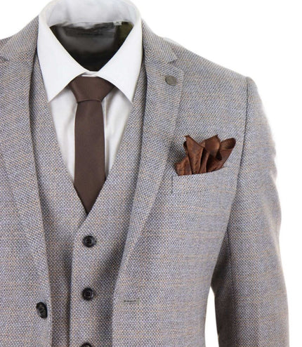 Mens 3 Piece Cream Tweed Check Vintage Retro Suit