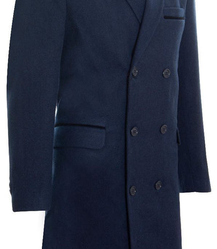 Mens 3/4 Long Double Breasted Navy Overcoat Wool Coat Peaky Blinders