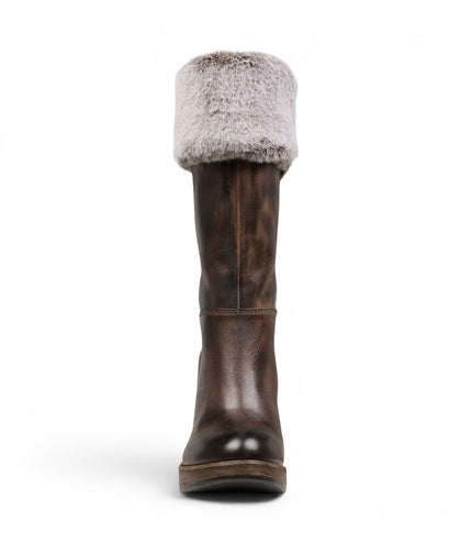 Windsorsmith Womens Mid Calf Brown Leather High Heel Fur Boots - Lovestruck