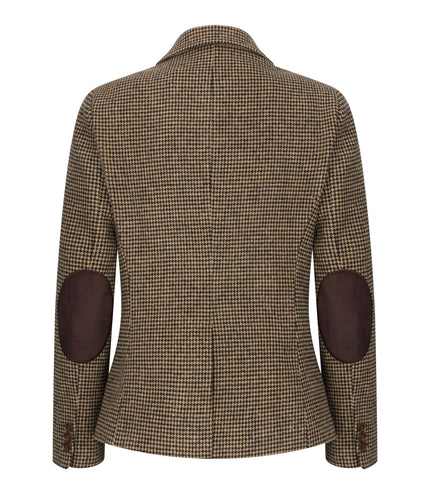 Women's Tailored Brown Dogtooth Wool Blend Tweed Blazer