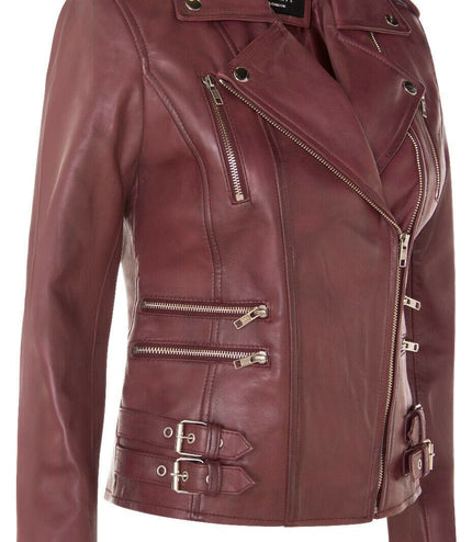 Womens Leather Brando Biker Jacket-Orlando - Burgundy