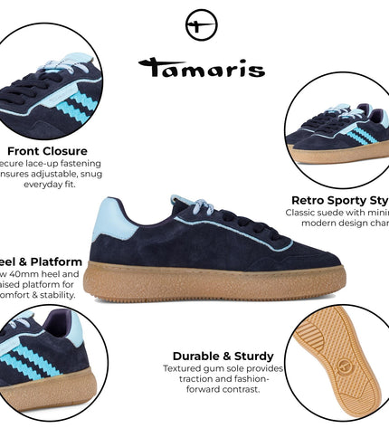 Tamaris Womens Navy Blue Leather Fashion Stripe Lace Up Sneakers