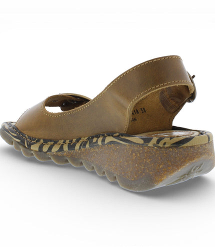 Fly London Women's TRAM723FLY Camel Brown Leather Wedge Sandals