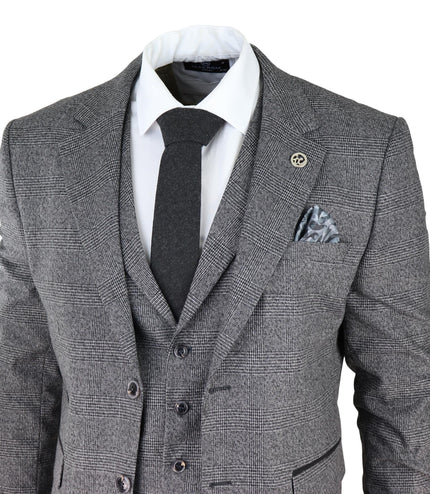 Mens Grey 3 Piece Suit Prince of Wales Check Classic Tailored Fit Wedding Suit