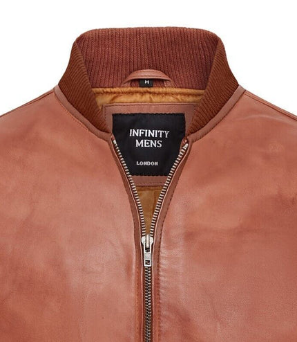 Mens Soft Leather MA-1 Varsity Bomber Jacket - Tan