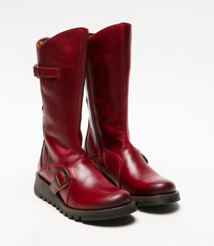 Fly London Womens Red Mes 2 Wedge Heel Buckle Mid-Calf Leather Zip Platform Boots